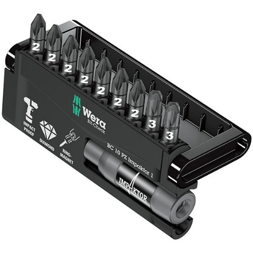 Bitssats 1/4" WERA Bit-Check 10 PZ Impaktor 1